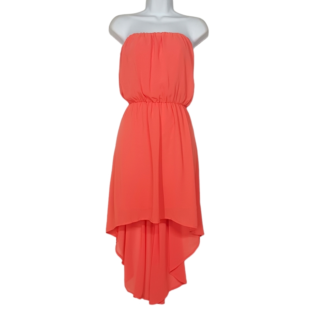 PICKY GIRL Coral Orange Pink Strapless Stretchy Hi Low Midi Dress Small